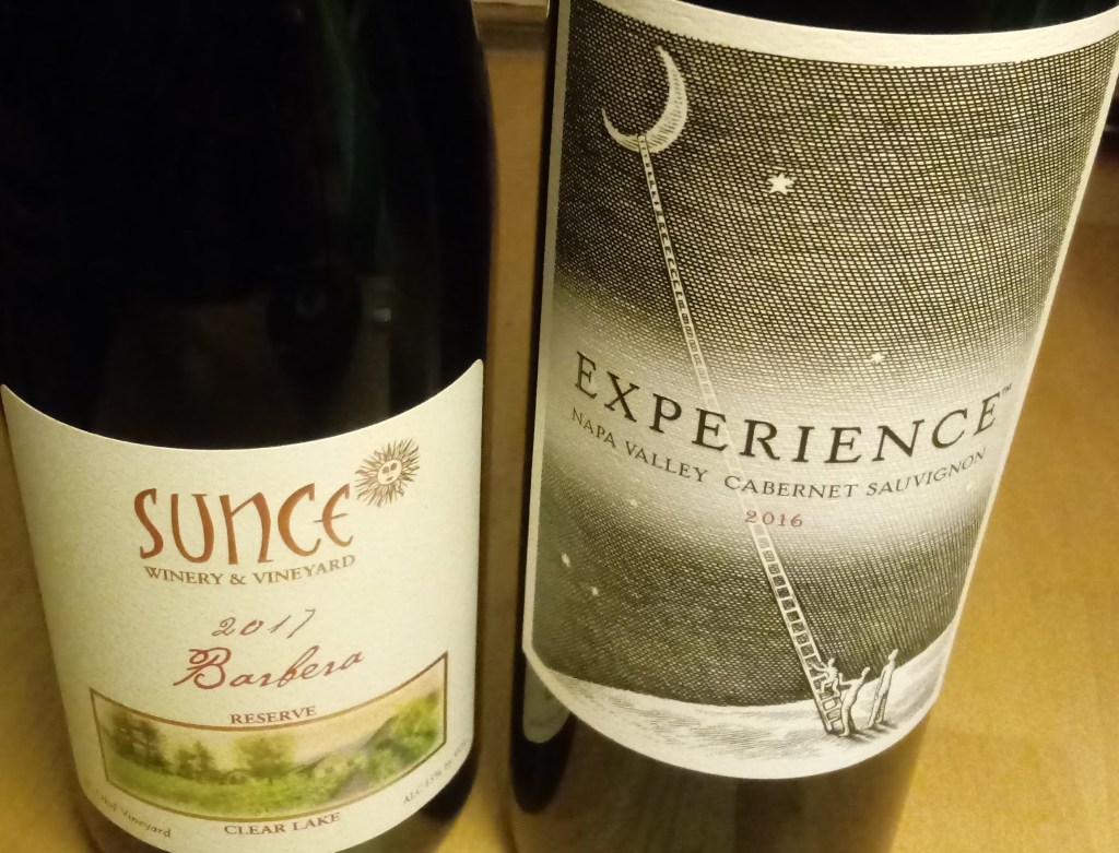 Grocery Outlet wine sale. The image shows two wines purchased before the sale: Sunce barbera 2017 and Experience cabernet sauvignon, 2016. 