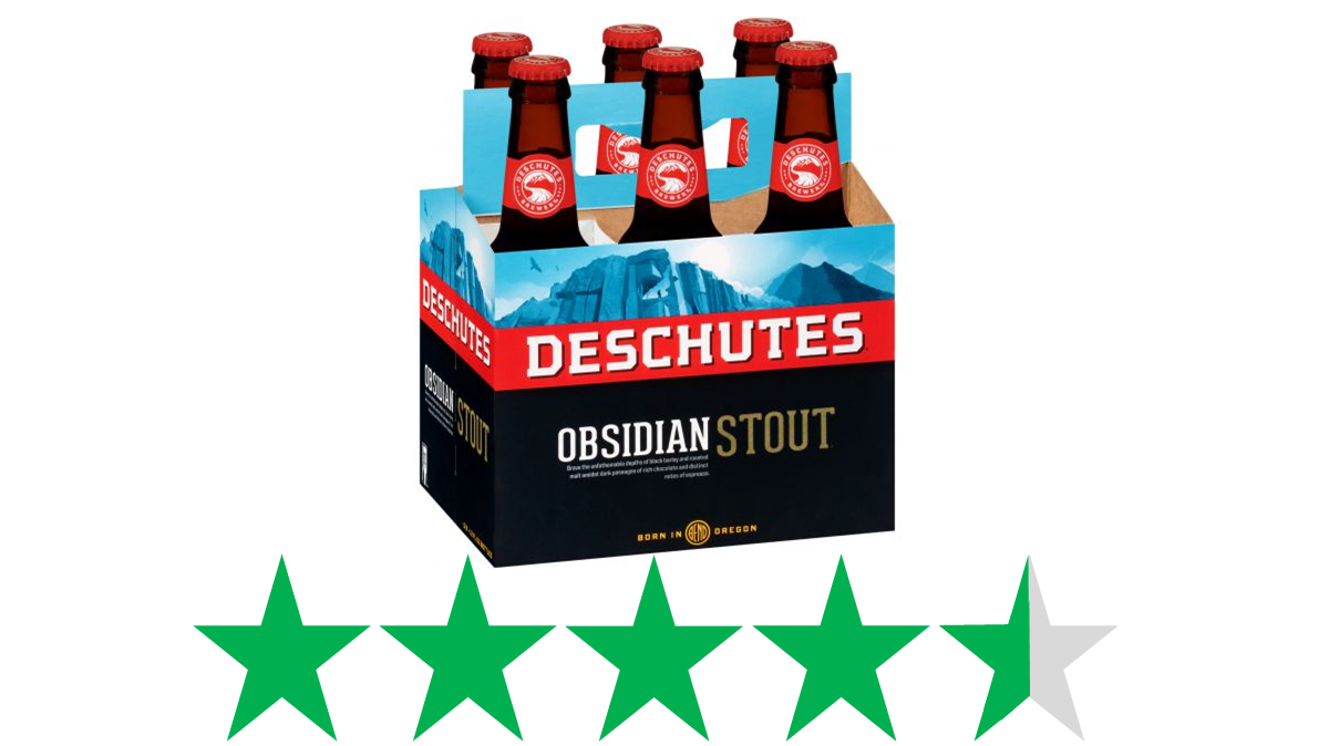 Deschutes Obsidian Stout - a photo of a six-pack of this stout from Deschutes Brewing is shown over a graphic of 4.5 Green Stars, representing an ethical rating (on a scale of 1-5 green stars)