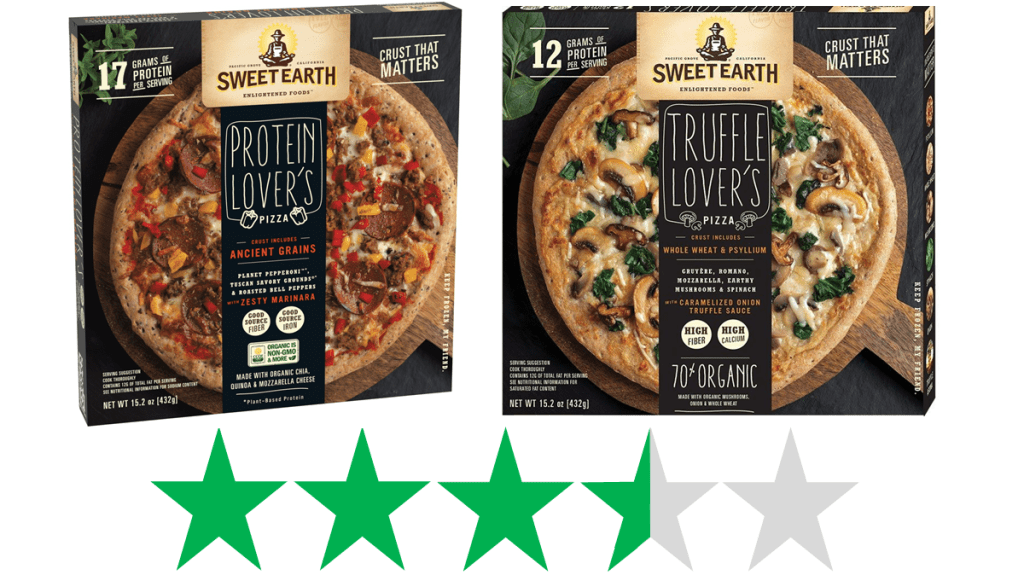 Sweet Earth pizzas are shown - the Protein Lover's and Truffle Lover's pizzas - and an ethical rating of 3.5 out of 5 Green Stars for social and environmental impact