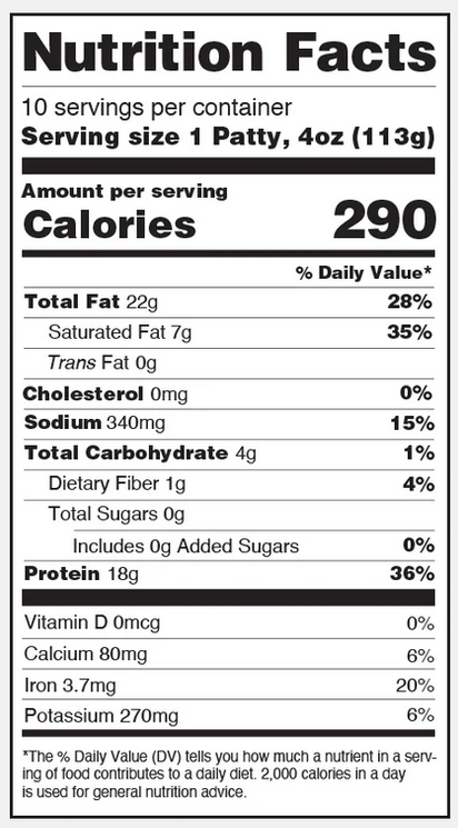 Beyond Meat Cookout Classic burgers - Nutrition Facts. 290 calories total, including 22 g fat, 1 g fiber, 0 g sugars, and 18 g protein. Also provides 20% of iron daily recommended intake. 