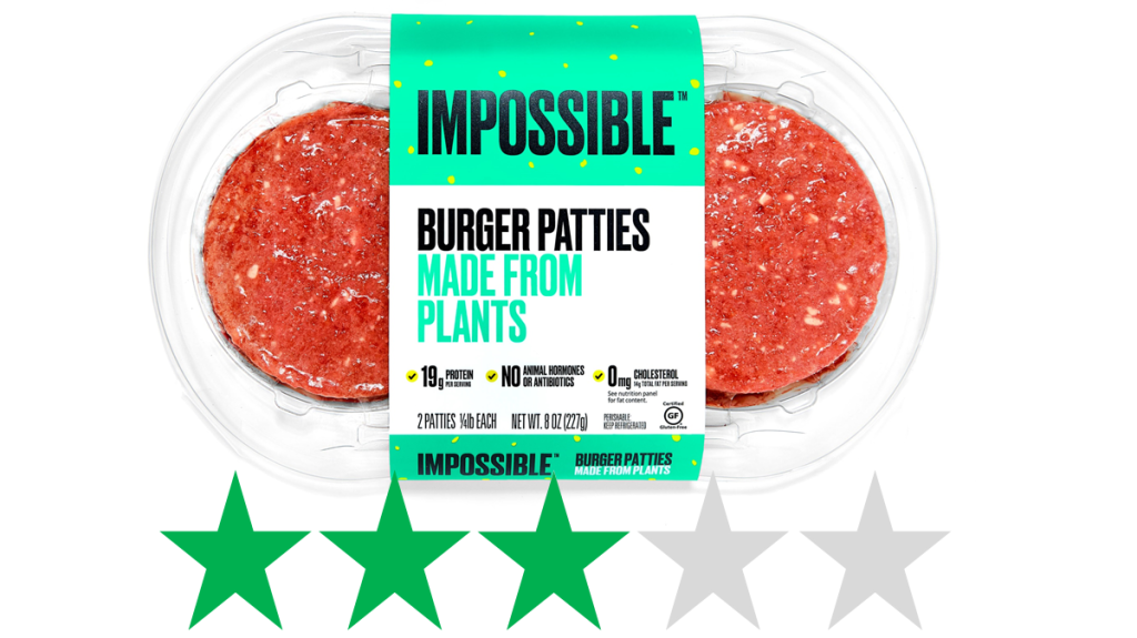 A pack of two Impossible Burgers, version 2.0 from Impossible Foods, is shown with an ethical score beneath it of 3/5 Green Stars, representing a rating for social and environmental impact.
