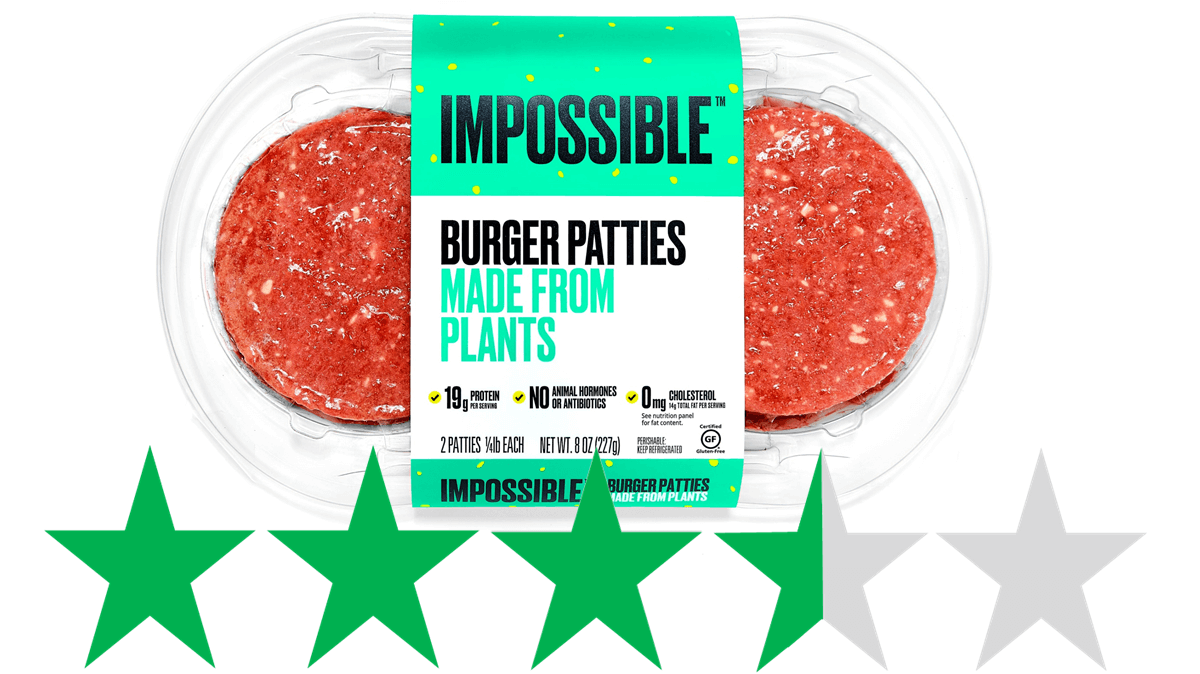 An Impossible Burger (2.0) is pictured and underneath is a graphic showing a rating of 3.5/5 Green Stars for social and environmental impact