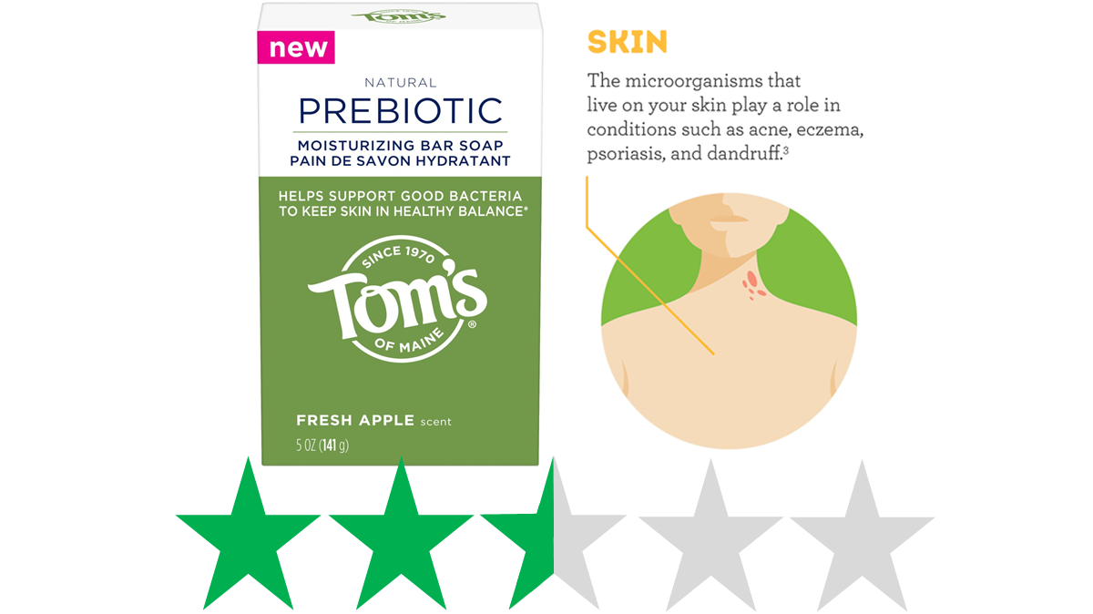 Tom's of Maine Prebiotic soap is shown with an ethical rating graphic of 2.5 out of 5 green stars for social and environmental impact.