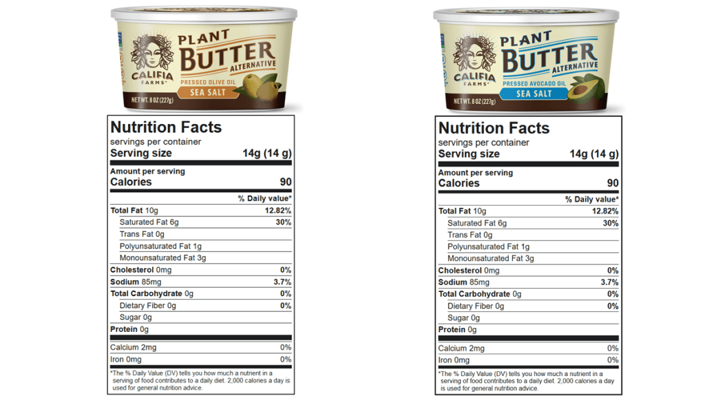 Califia Plant Butter - ethical rating. Califia's two plant butter products are shown: Sea Salt with Avocado Oil and Sea Salt with Olive Oil. Underneath, the Nutritional Facts are shown for these two products. 