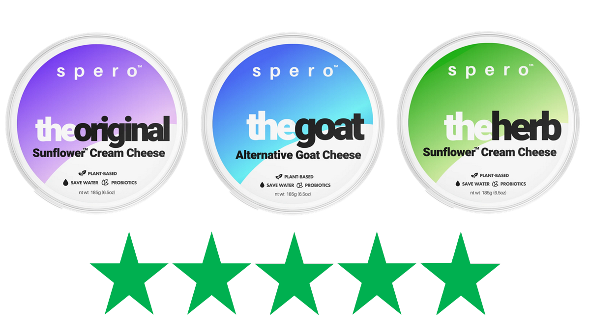 Spero vegan cream cheese – ethical review. Three varities of Spero Foods cream cheese are shown with a graphic of 5 Green Stars underneath, representing a score of 5/5 for social and environmental impact. 