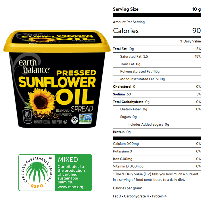 Earth Balance, Pressed Sunflower Oil Spread - Nutrition  Facts and certifications. Certifications include vegan, non-GMO, and RSPO-Mixed.
