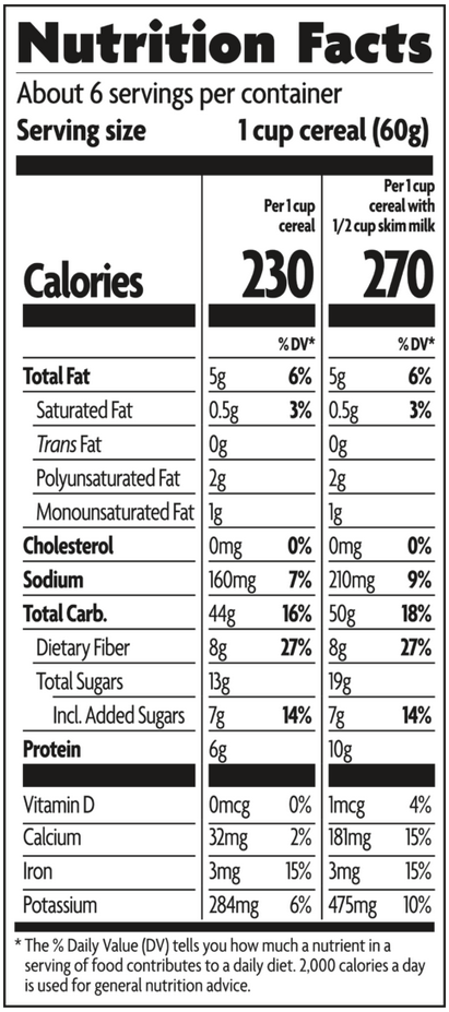 Nature's Path Pumpkin Raisin Crunch - Nutrition Facts. Nutrition Facts are shown for this cereal. Each serving provides 230 calories, 5 grams of fat, 8 g fiber, 7 g added sugar, and 6 g protein. It also provides 15% of the recommended daily value for iron. 