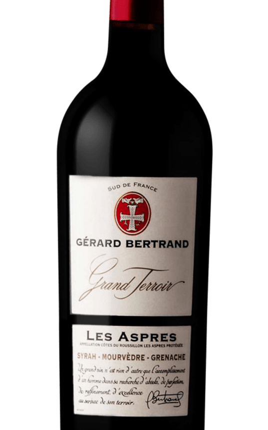 Gérard Bertrand, Grand Terroir - Les Aspres, 2016. The photo shows the wine bottle, focused on the label. Top pick at the Grocery Outlet Wine Sale, November 3-9, 2021