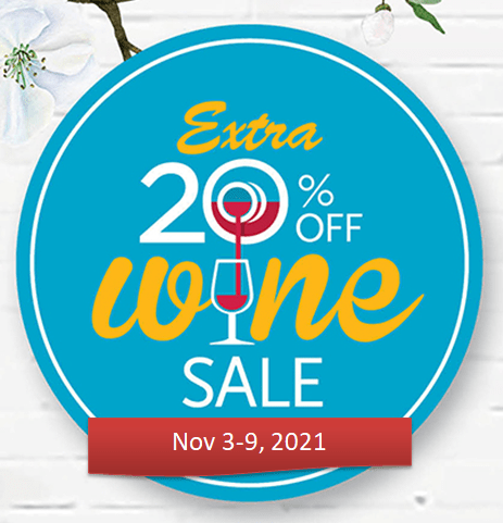 Grocery Outlet wine sale notice, Nov 3-9, 2021. The notice announces 20% off wine from Nov 3-9, 2021
