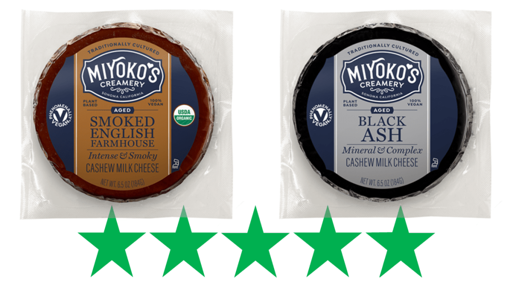 Miyoko’s cheese wheels – review and sustainability. The image shows two varieties of Miyoko's cheese wheels - Smoked English Farmhouse and Black Ash. Below them is a graphic showing 5 Green Stars, representing a perfect ethical score for social and environmental impact. 