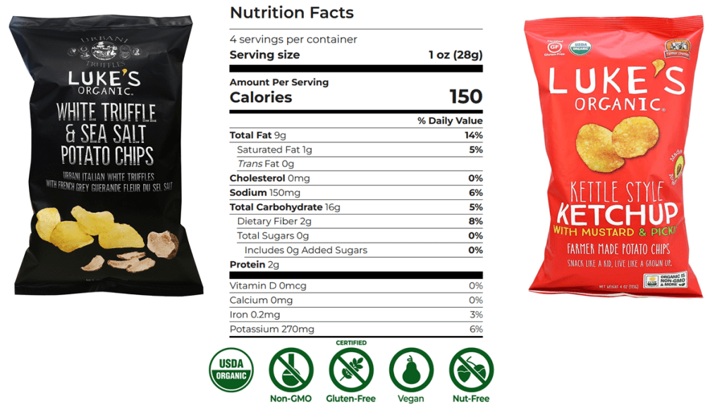 Nutrition Facts for  Luke’s Organic White Truffle chips are shown. Per 1 oz. (28 g) serving, the chips provide 9 g fat (1 g saturated fat), 16 g carbs, 0 g sugars, 2 g fiber, 2 g protein and 150 mg sodium (6% of RDA).  Luke’s Organic chips sustainability review