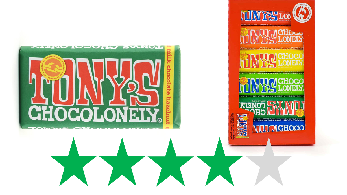 Tony’s Chocoloney – ethical review. The image shows a large bar of Tony’s Chocoloney, milk chocolate hazelnut, and a variety pack of six bars. Underneath is a graphic showing a score of 4/5 Green Stars for social and environmental impact.