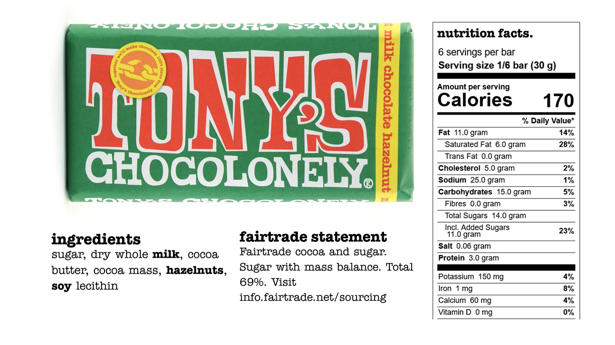 A bar of Tony’s Chocoloney, milk chocolate hazelnut, is pictured alongside the Nutrition Facts panel, ingredient lits, and fairtrade statement (fairtrade cocoa and sugar). Tony’s Chocoloney – ethical review