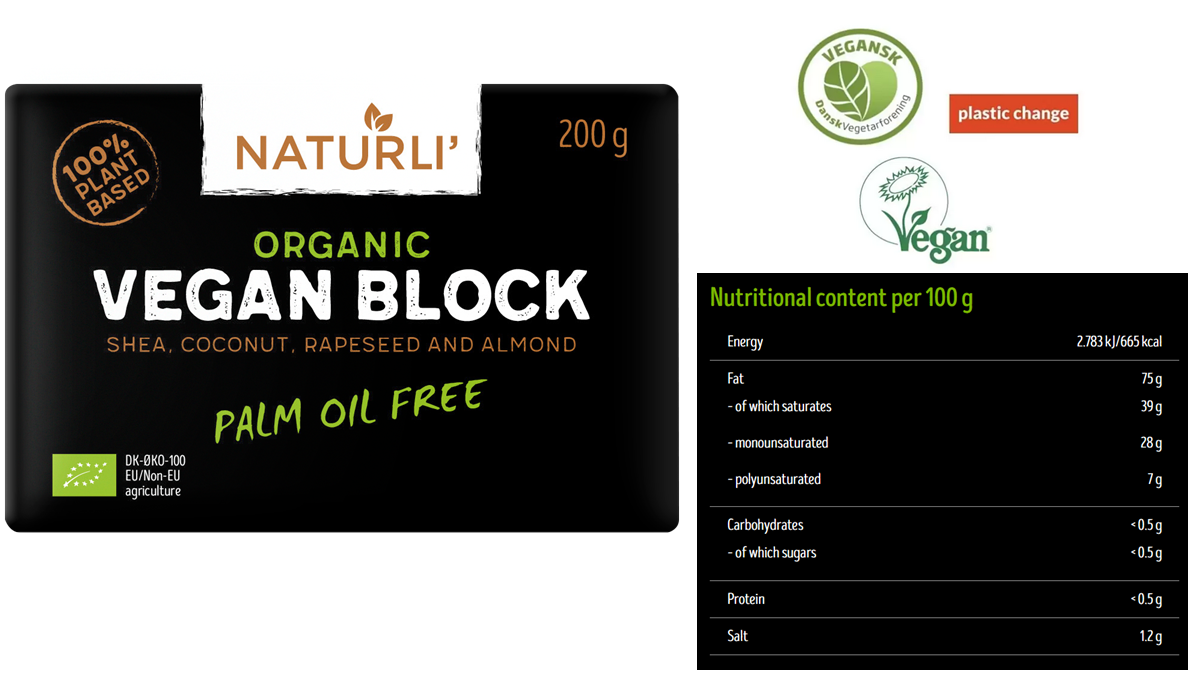 Nutritional content panel is shown for Naturli’s organic vegan block. The butter is certified vegan and contains 75 g of fat per 100 g, of which 39 g is saturated fat, 28 g is monounsaturated, and 7 g is polyunsaturated. Naturli’ vegan block – sustainability, review.