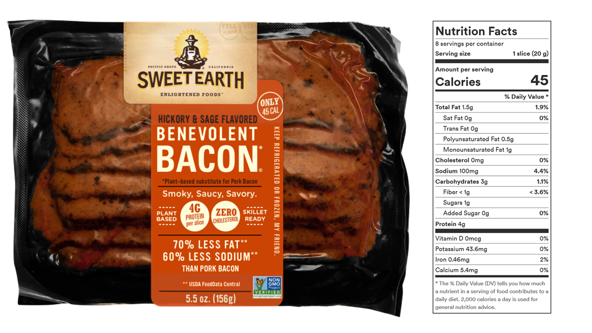 Photo of Sweet Earth Benevolent Bacon and Nutrition Facts panel. Each slice of bacon (20 grams) provides 1.5 g fat, 3 g carbohydrates, 5 g protein, and 100 mg sodium