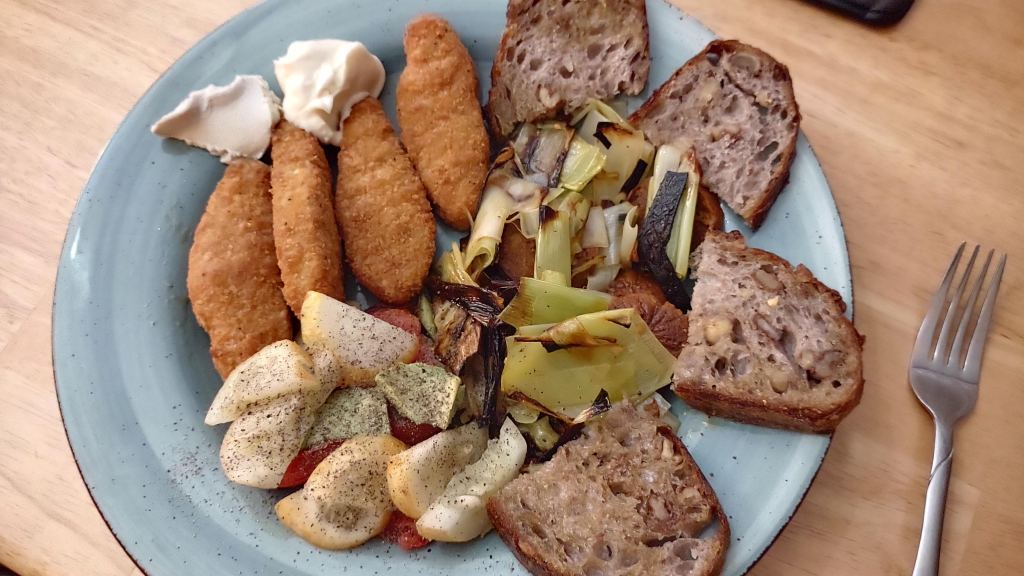 Beyond Chicken Tenders served with JUST mayo, Spero vegan goat cheese, leeks, cucumber salad and bread. Beyond Chicken Tenders at the Grocery Outlet. Beyond Chicken sustainability and ethical rating. 
