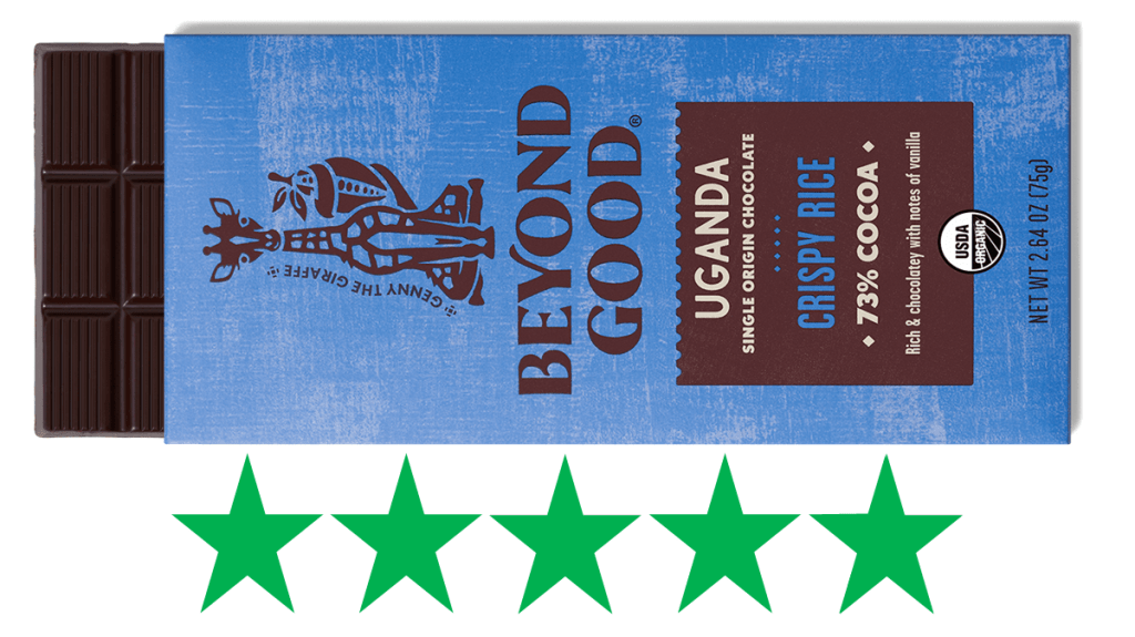 A Beyond Good chocolate bar (Uganda 73% cocoa with crispy rice) is pictured over a graphic of 5 green stars, representing a score for social and environmental impact. Beyond Good chocolate ethical rating.