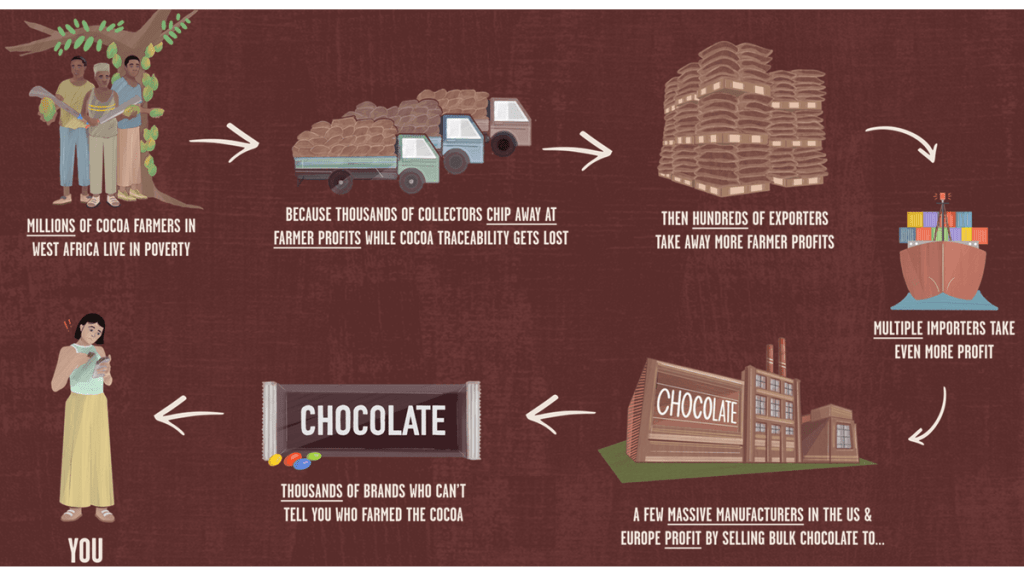 An illustration to show how many middlemen exist between cacao farmers and the customer, each taking a cut of profits that could have otherwise gone to farmers.
Beyond Good chocolate ethical rating.