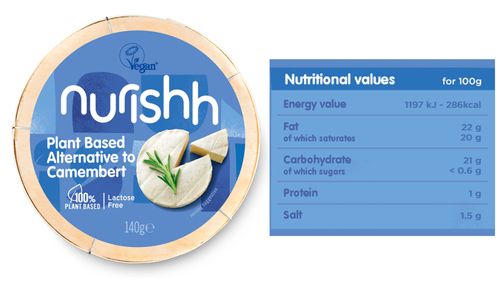 Nurishh vegan Camembert - nutrition information. A table, pictured beside a package of Nurishh vegan Camembert shows the nutritional values for the vegan cheese. Per 100 g, the cheese provides 20 g saturated fat, 21 g of carbohydrate, and 1 g of protein. 
