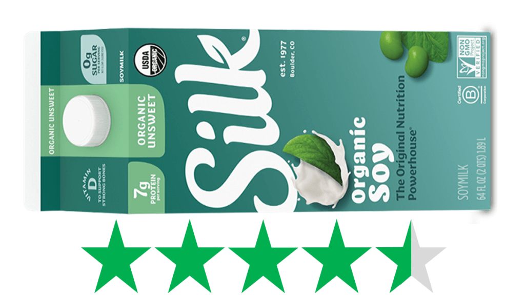 Silk Organic Soy Milk - Green Stars rating for social and environmental impact. The product is shown next to a graphic showing a score of 4.5 out of 5 Green Stars for social and environmental impact.
