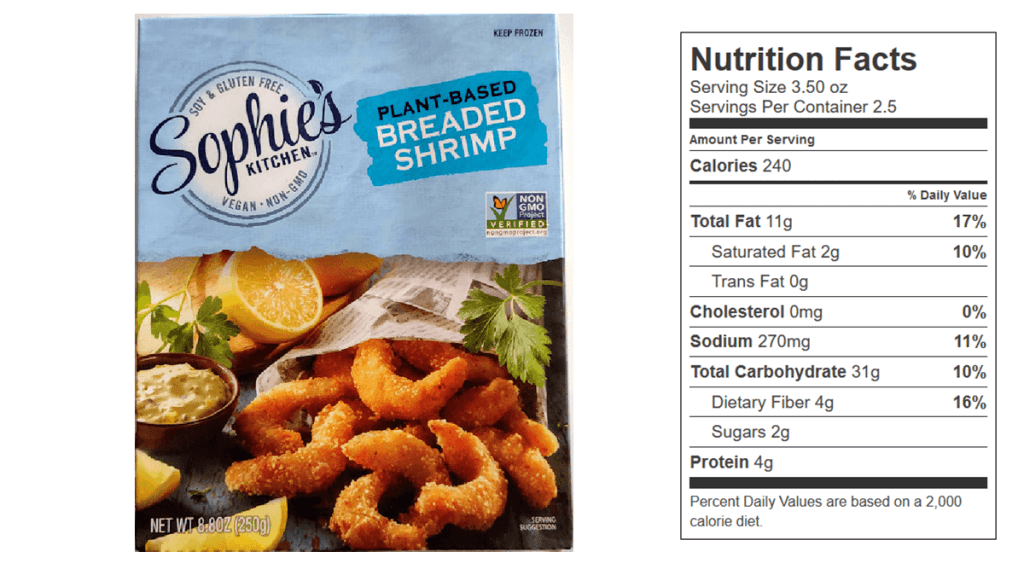 Nutrition Facts for Sophie's Kitchen Plant-based Breaded Shrimp. Per 3.5 oz. serving, the vegan shrimp provide 11 g fat (2 g saturated fat), 270 mg sodium, 31 g carbs, 4 g fiber, and 4 g protein. 