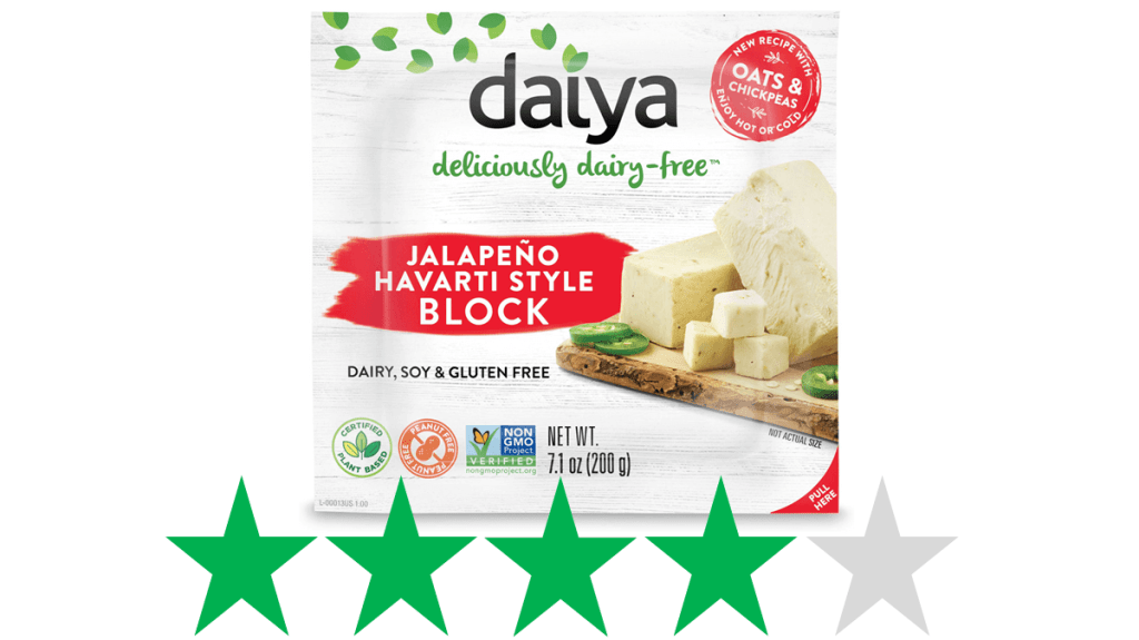 Daiya jalapeno Havarti cheese is pictured and below it is a graphic showing a score of 4 / 5 Green Stars rating for social and environmental impact