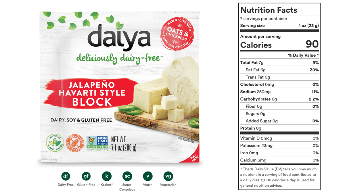 Daiya jalapeno Havarti style vegan cheese is pictured next to a panel showing Nutrition Facts. Per 28 g serving the cheese contains 7 g fat (6 g saturated fat) and 6 g carbs. Protein is below 0.5 g so it is listed as 0 g. 