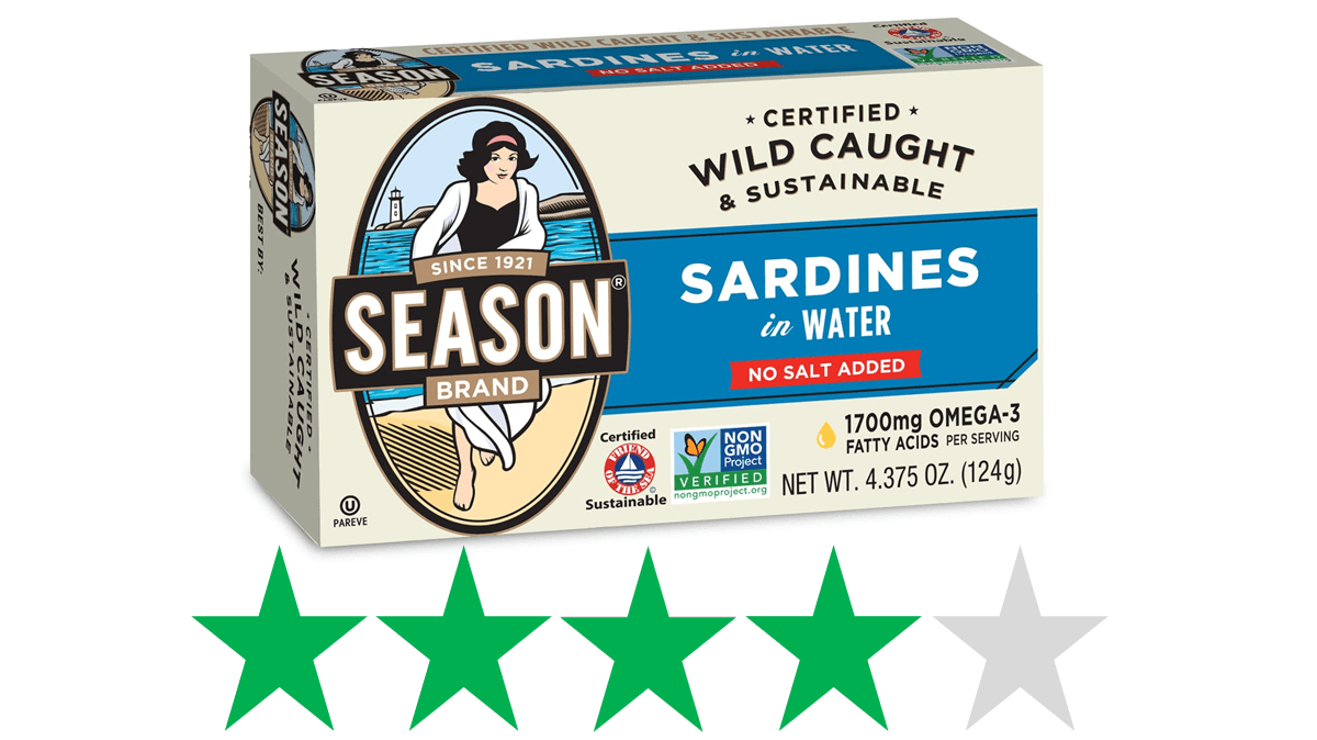 A package of Season sardines is pictured and below it is a graphic showing a score of 4/5 Green Stars for social and environmental impact.
Season sardines - Green Stars score for social and environmental impact.