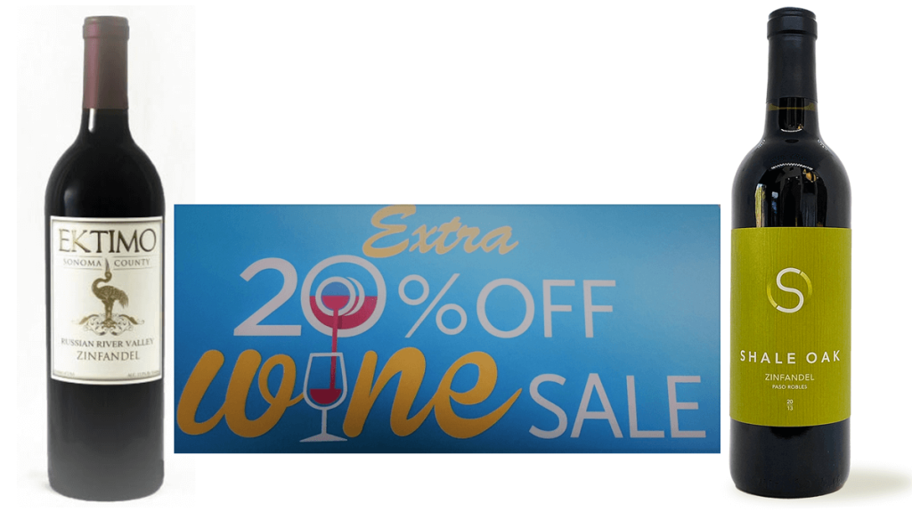 The image shows a graphic for the Grocery Outlet wine sale (March 25 – April 2 2024) stating 20% off. On either side of this graphic are bottles of wine (both zinfandels) from Ektimo and Shale Oak.