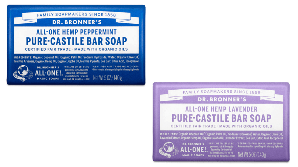 Dr. Bronner's soap bars - Peppermint and Lavender are pictured. 