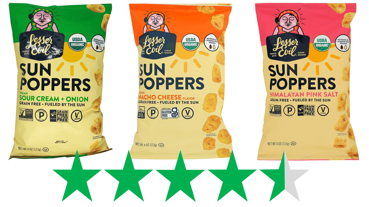 Bags of Lesser Evil Sun Poppers are pictured and below it is a graphic showing a score of 4.5/5 Green Stars for social and environmental impact. 