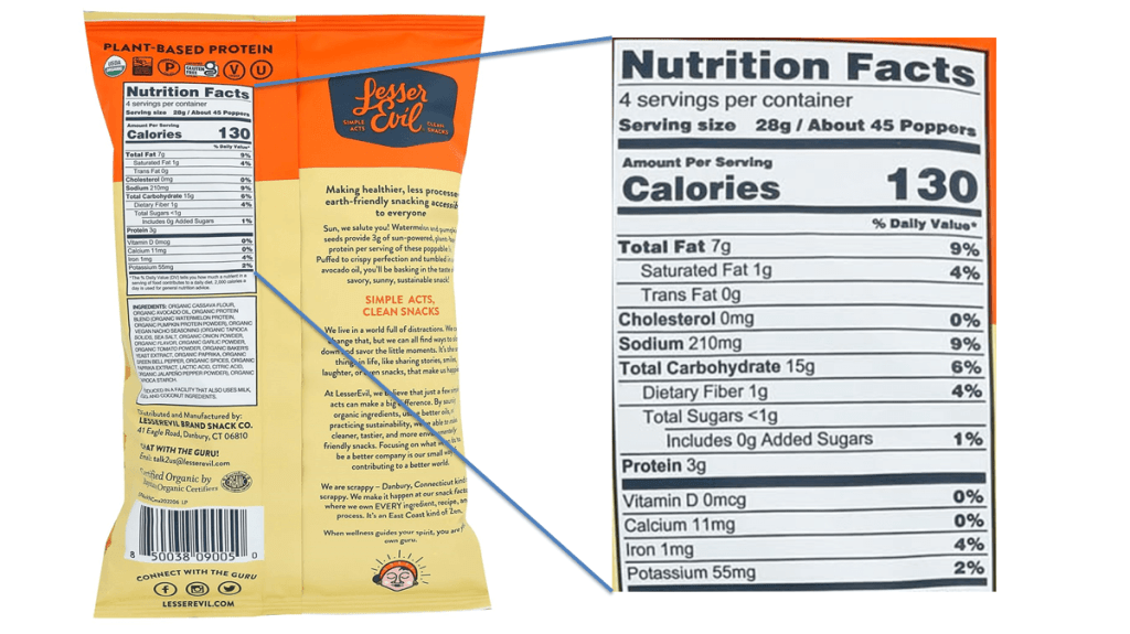 Lesser Evil Sun Poppers, vegan nacho cheese - Nutrition Facts. The image shows the back of a bag, with a zoom in on the Nutrition Facts panel. One 28 g serving provides 7 g fat, 1 g saturated fat, 9% RDA of sodium, 15 g carbs, and 3 g protein.