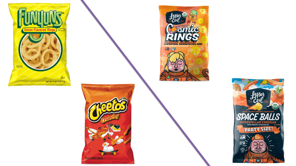 Four snacks are pictured - conventional (PepsiCo) versus organic (Lesser Evil). The conventional snacks are Funyuns and Cheetos, while the Lesser Evil snacks are Cosmic Rings and Space Balls.