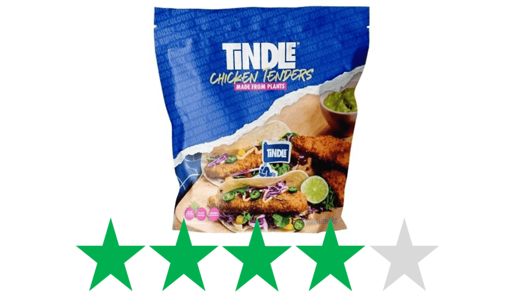 A package of Tindle vegan chicken tenders is shown and underneath is a graphic showing a score of 4/5 Green Stars for social and environmental impact.