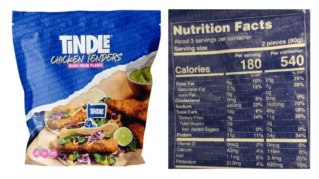 A package of Tindle chicken tenders is shown next to the Nutrition Facts panel from the back of the package. Each serving (2 tenders, 80 grams) provides 180 calories, 8 g fat, 2.5 g saturated fat (13% of daily value), 540 mg sodium (23% of daily value), 4 g dietary fiber (14% of daily value) and 11 g protein (11% of daily value). 
