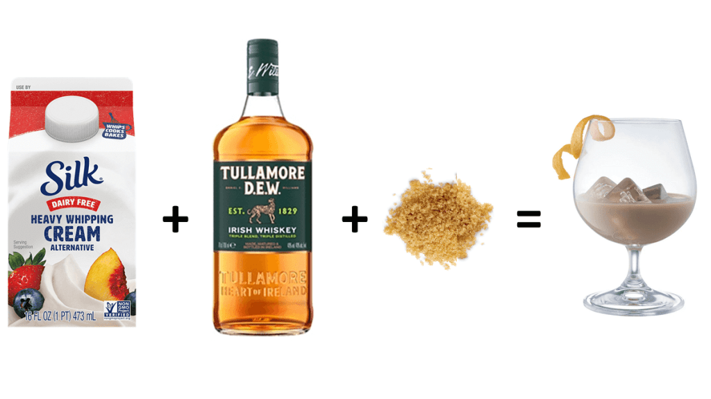 The image is in the form of an equation, showing a carton of Silk vegan cream + Irish whiskey (Tullamore Dew) + brown sugar = a glass of vegan Irish cream (vegan Bailey's).