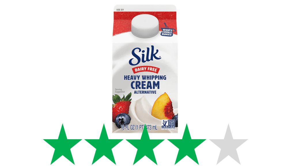 A carton of Silk Dairy-free Heavy Whipping Cream is pictured. Underneath it is a graphic showing a score of 4/5 Green Stars, a rating for social and environmental impact.