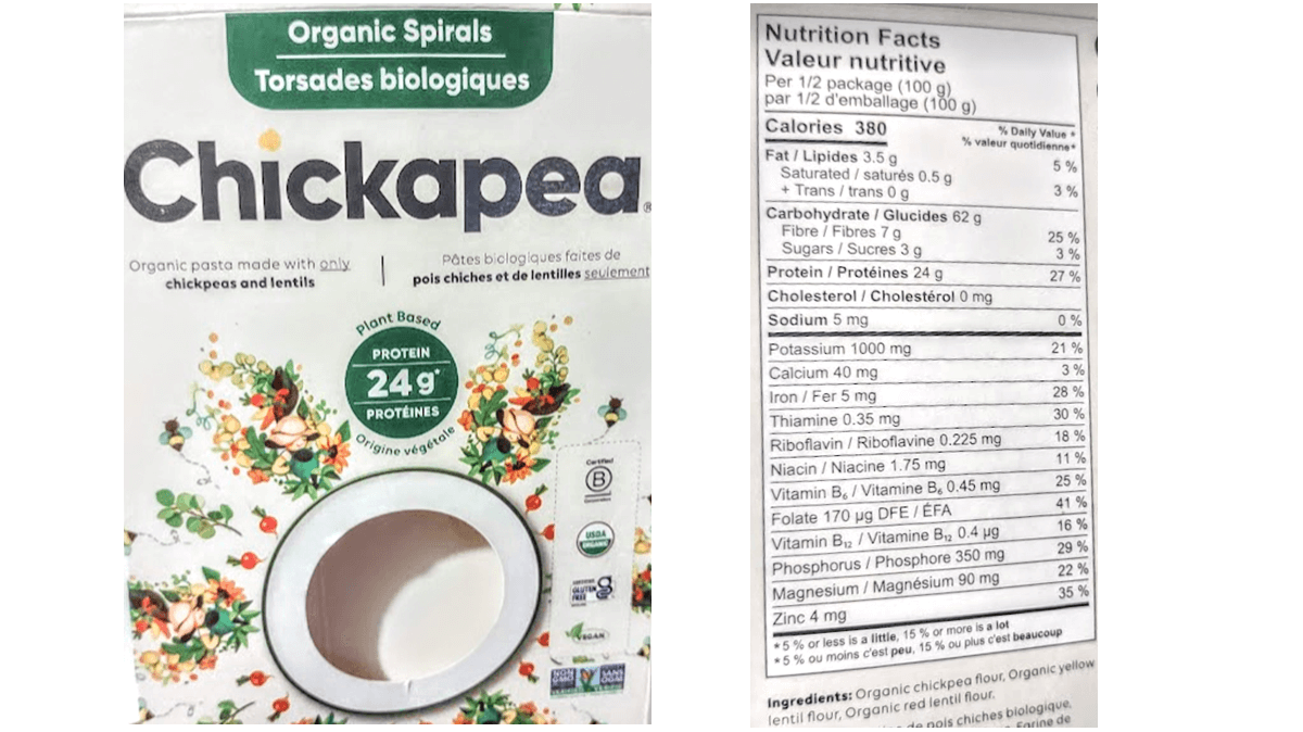 A box of Chickapea organic spirals is shown - the version currently available from the Grocery Outlet, made from chickpeas and lentils. Next to it is the Nutrition Facts panel from the box, showing that, per 100 g, the pasta provides 24 g protein, 7 g fiber, and relatively high amounts of iron (28% of RDA), thiamine (30% of RDA), folic acid (45% of RDA), and other vitamins and minerals.