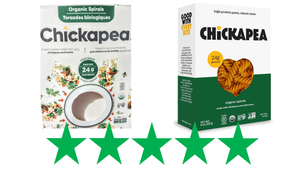 Two boxes of Chickapea pasta spirals are shown - the version available at the Grocery Outlet and the newer packaging. Underneath the images is a graphic showing a score of 5/5 Green Stars for social and environmental impact.