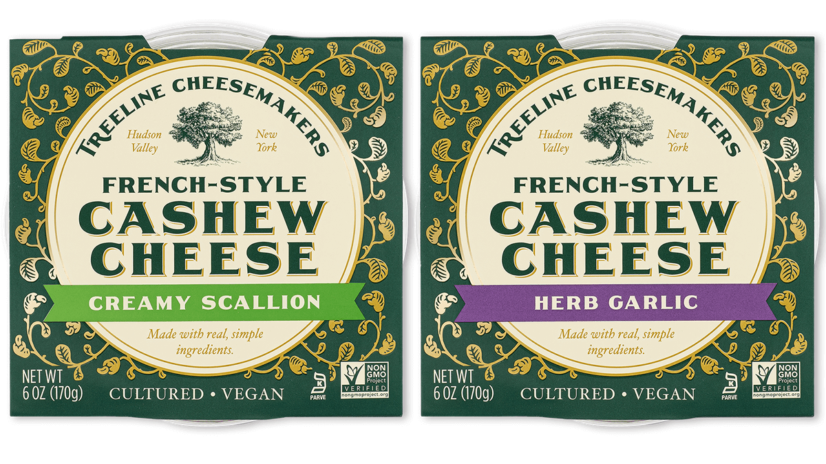 Two varieties of Treeline French-Style Cashew Cheese are pictured. On the left is Creamy Scallion and on the right is Herb Garlic. 4/5 Green Stars for social and environmental impact. 