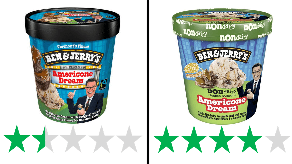 Two pints of Ben & Jerry's Americone Dream, dairy and non-dairy, are pictured. Underneath are graphics showing Green Stars rating for social and environmental impact. The dairy-based Americone Dream has a score of 1.5 Green Stars while the non-dairy version scores 4 Green Stars (out of 5). 