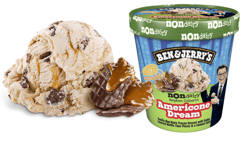 A pint of Ben & Jerry’s vegan Americone Dream is shown with a scoop of ice cream to the left of it. The front of the ice cream pint features an image of Steven Colbert.
Ethical Rating for Ben & Jerry’s vegan Americone Dream