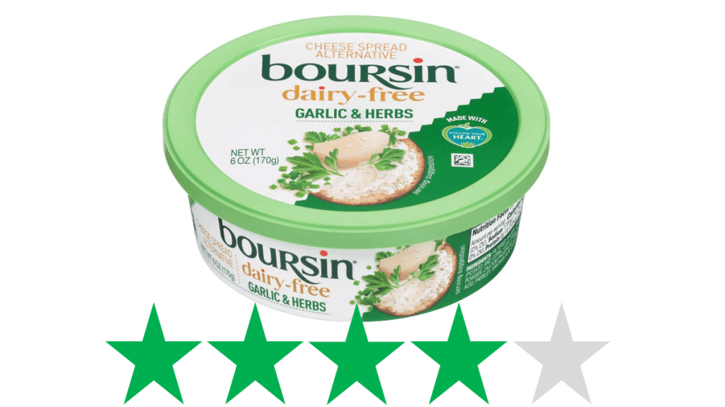 A tub of dairy-free Boursin is pictured and underneath is a graphic showing a rating of 4/5 Green Stars for social and environmental impact. 