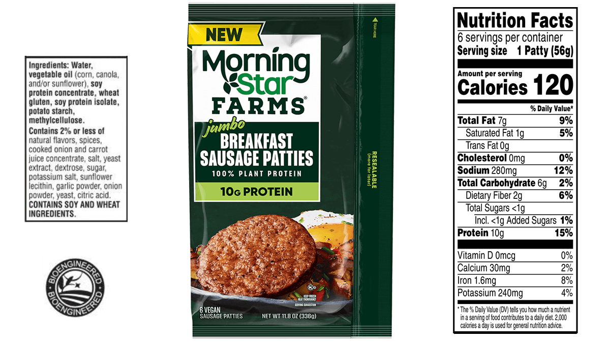 A picture of Morningstar Farms jumbo breakfast sausage patties is shown next to an image of the Nutrition Facts panel from the product packaging. One patty (56 g) provides 7 g fat, 1 g saturated fat, 2 g dietary fiber, and 10 g protein. Also shown is the icon for bioengineered ingredients. 