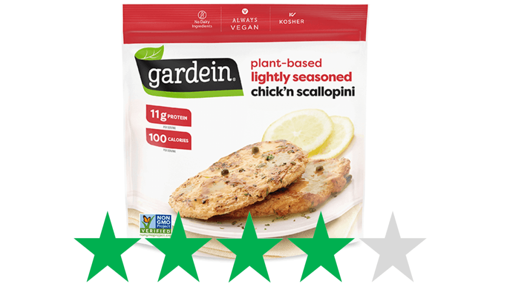 Gardein Chick'n Scallopini are pictured. Underneath is a graphic showing an ethical rating of 4/5 Green Stars for social and environmental impact.