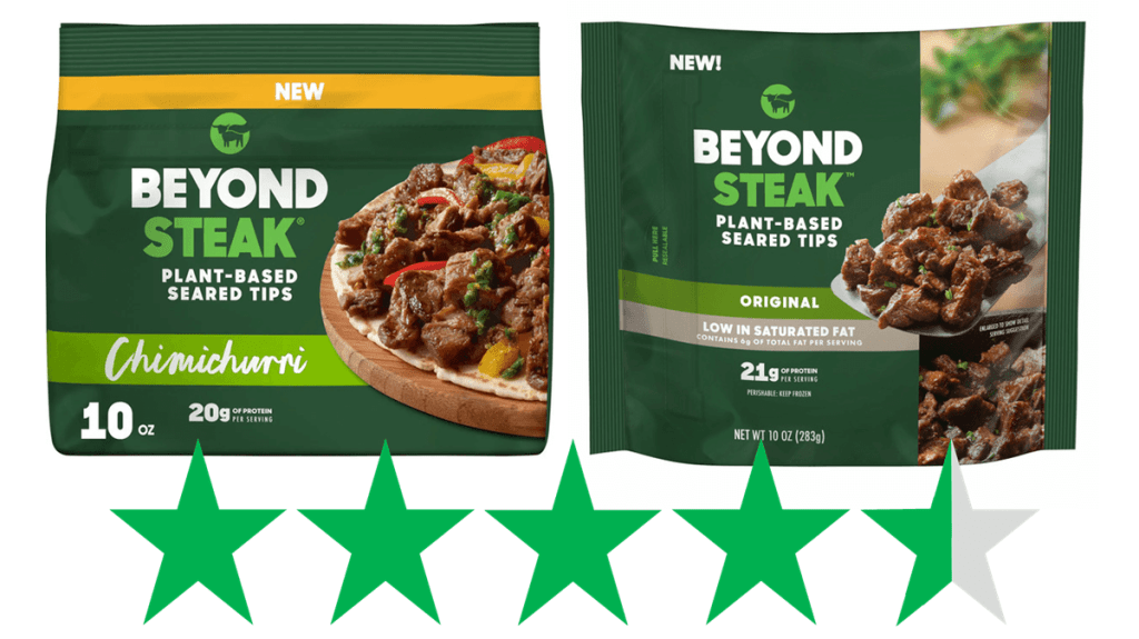 Two Beyond Steak products are pictured - Chimichurri and Original. Underneath these photos is a graphic showing an ethical rating of 4.5 out of 5 Green Stars for social and environmental impact.