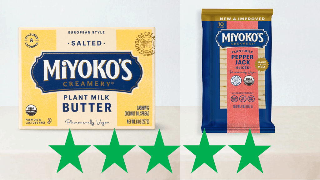 Two products from Miyoko's creamery are shown - Miyoko's plant milk butter and Miyoko's vegan pepper jack. Under these photos is a graphic showing a rating of 5/5 Green Stars for social and environmental impact.