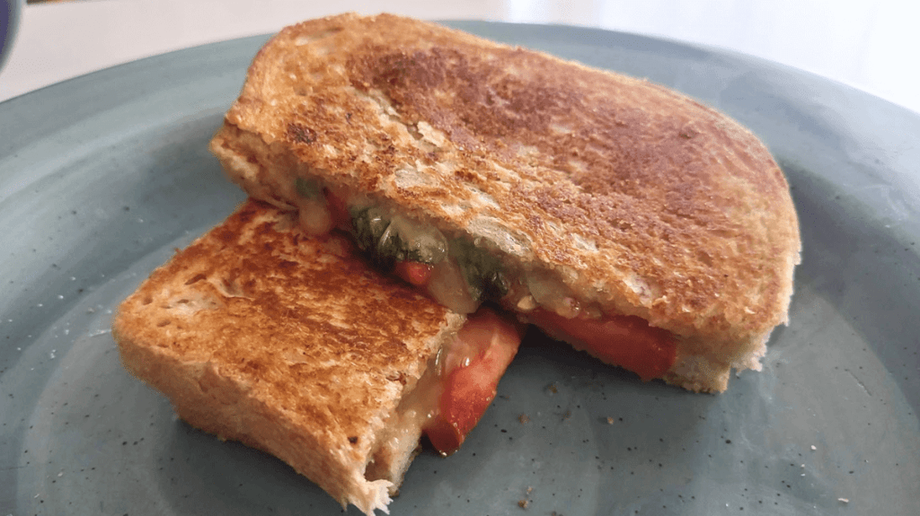 A grilled cheese sandwich made with Miyoko's vegan butter and pepper jack cheese.