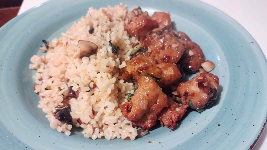 Delight Soy popcorn nuggets, prepared as described in the text, and served with rice.