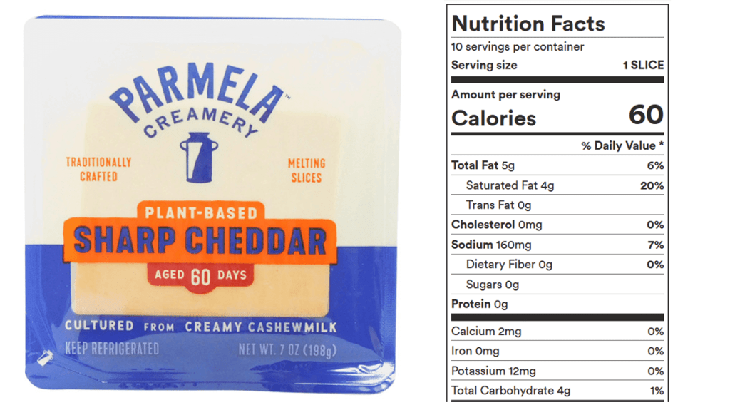 Parmela Creamery plant-based sharp cheddar slices is pictured on the left. On the right is the product's Nutrition Facts information panel. Each serving of once slice provides 60 calories, 4 g saturated fat (20% of daily value), and 160 mg of sodium (7% of daily value).